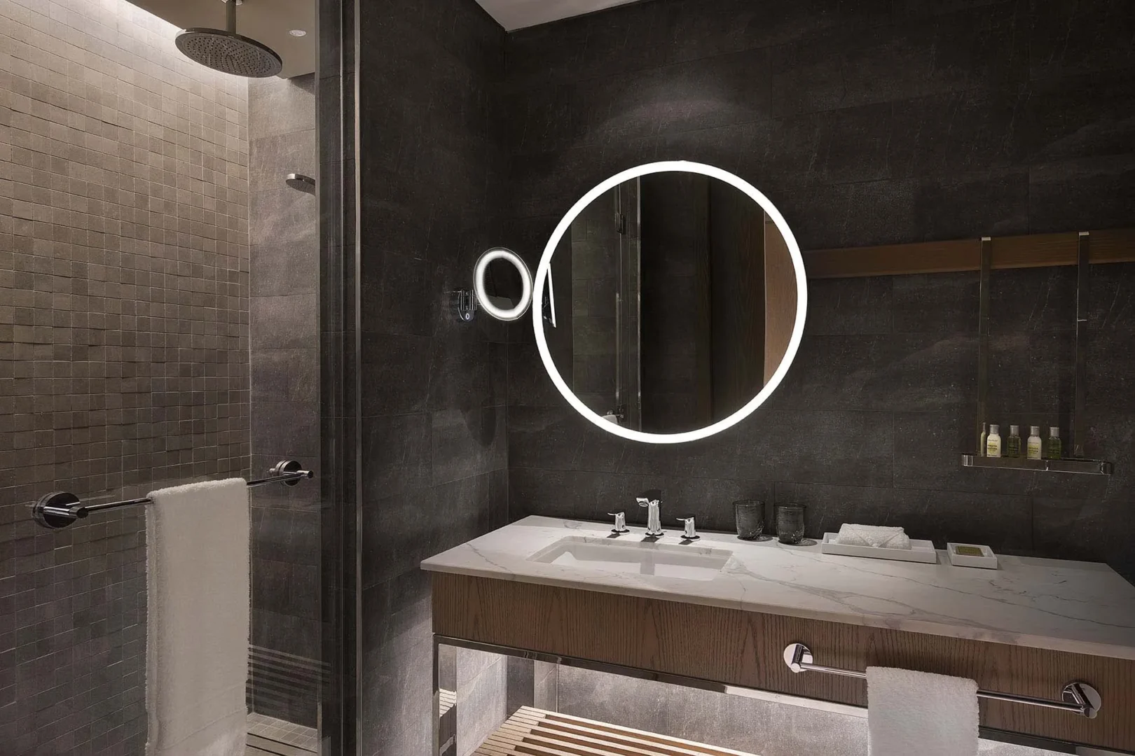 hilton abu dhabi yas island king guest room bathroom with walk in shower