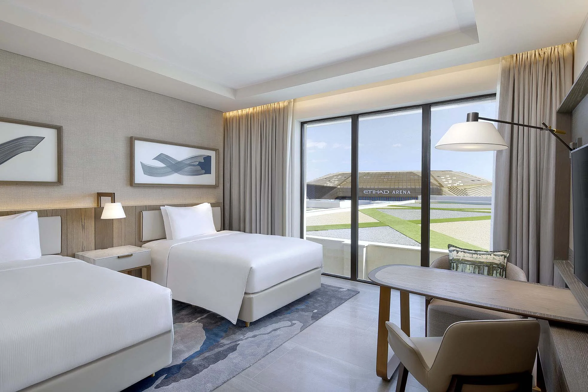 hilton abu dhabi yas island two double bed guest room interior overview