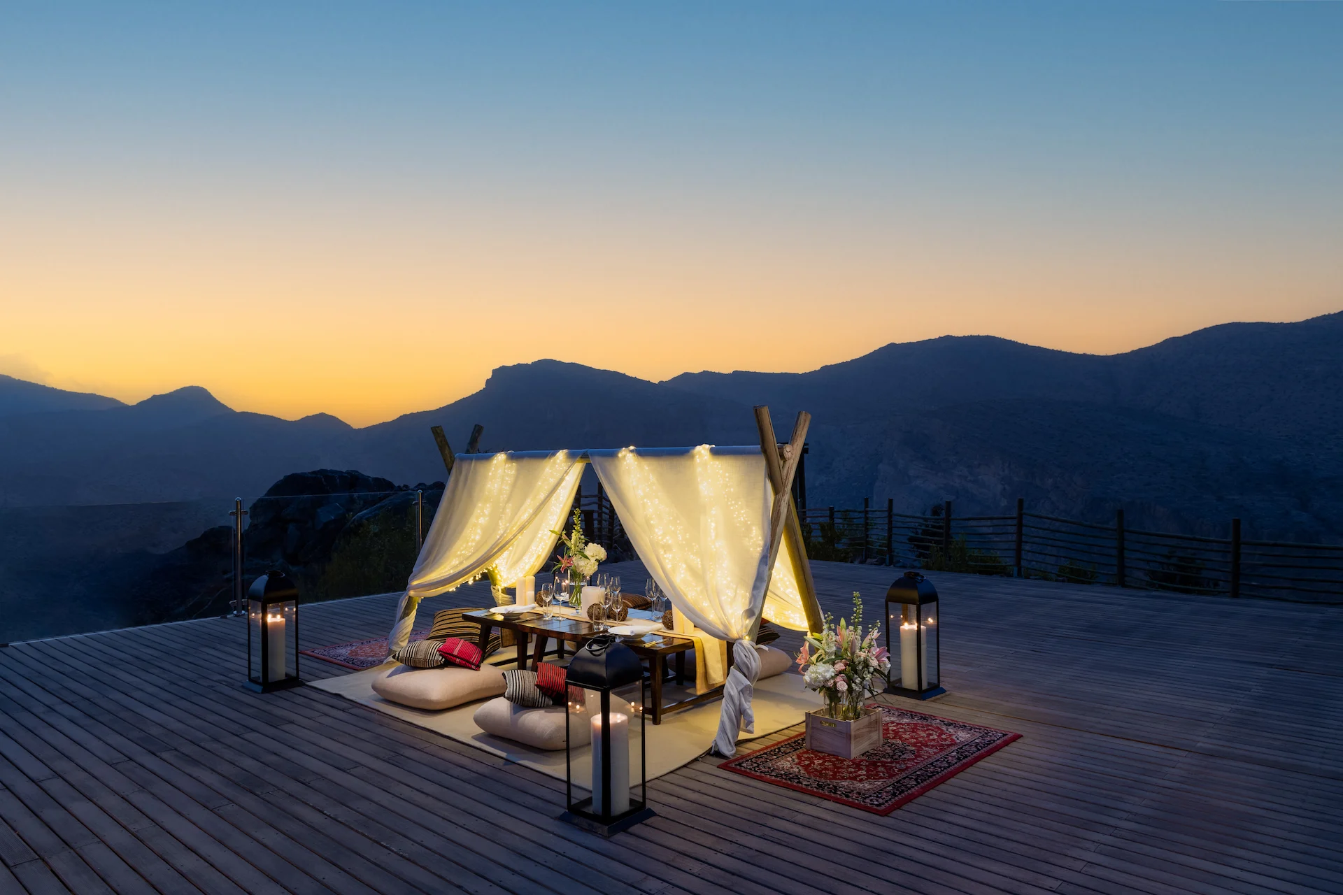 intimate dinner setup at alila jabal akhdar oman