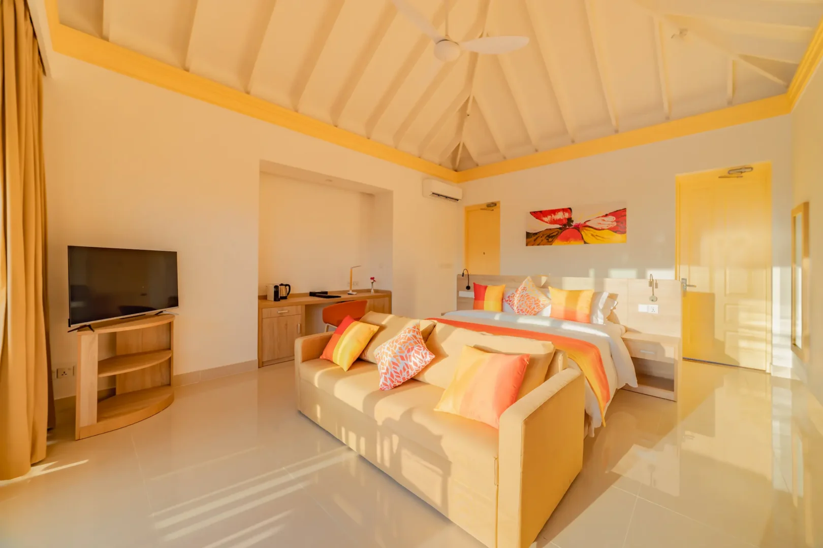 siyam world maldives sunset pool beach villa bedroom with refined coastal luxury interior