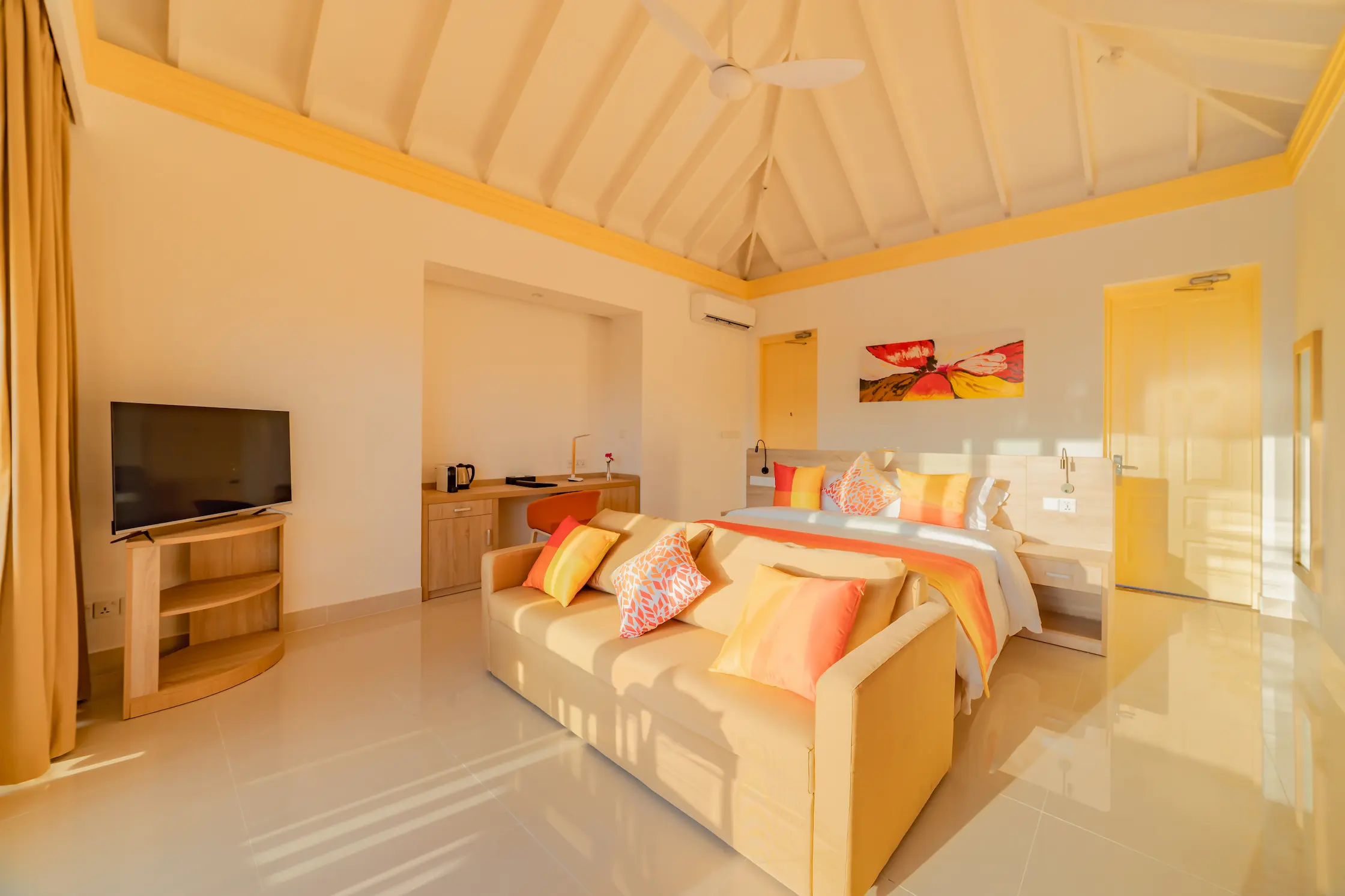 siyam world maldives sunset pool beach villa bedroom with refined coastal luxury interior