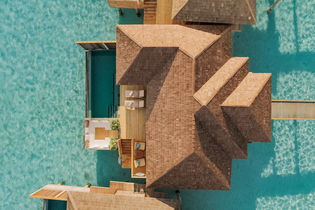 luxury horizon water villa with pool aerial view at sun siyam iru fushi maldives overwater accommodation