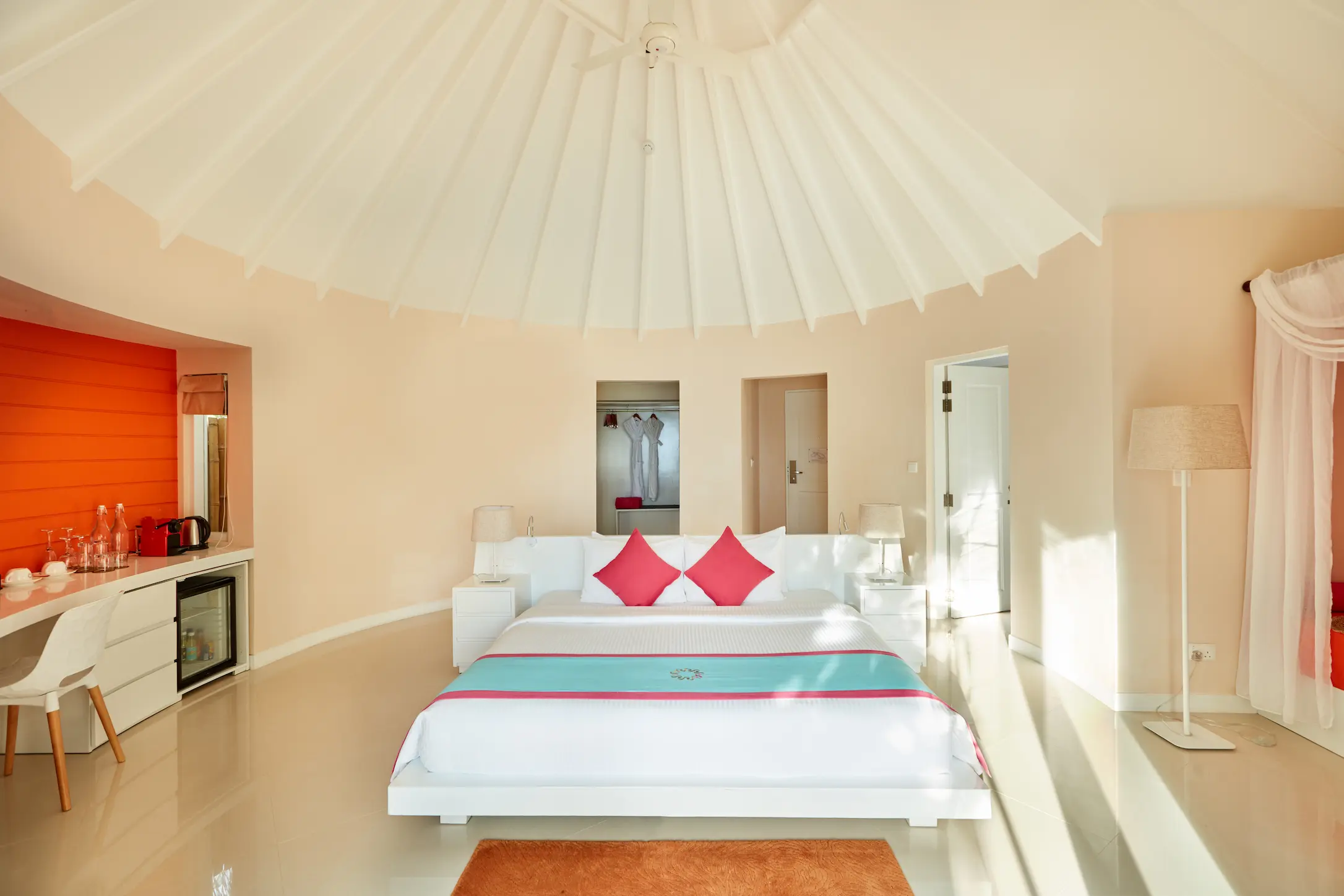 sun siyam vilu reef maldives beach villa with pool bedroom featuring refined interiors natural light and a calm tropical ambience