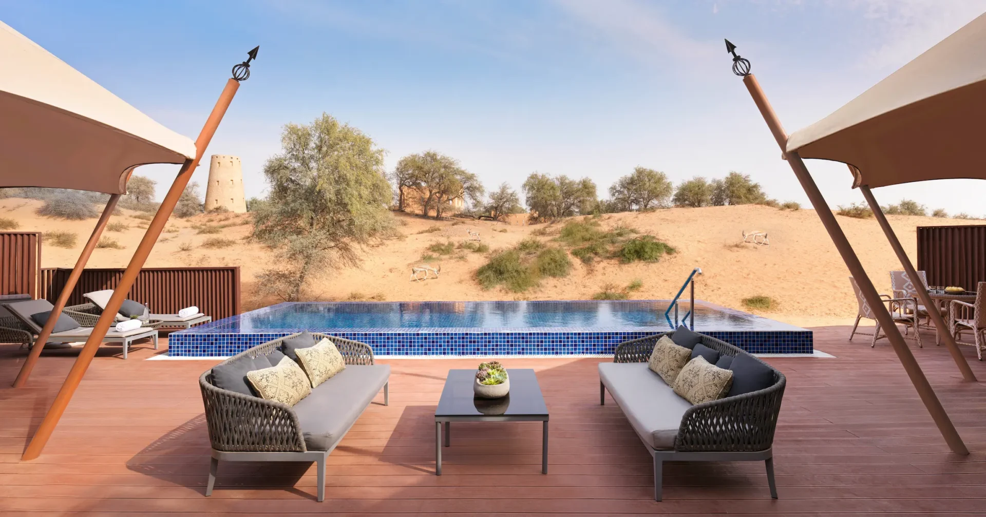 the ritzcarlton al wadi desert al khaimah villa pool view overlooking the private pool and surrounding desert landscape