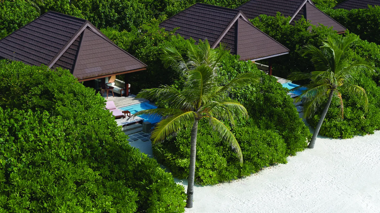 luxury beach villa with private pool exterior at varu by atmosphere maldives surrounded by tropical greenery