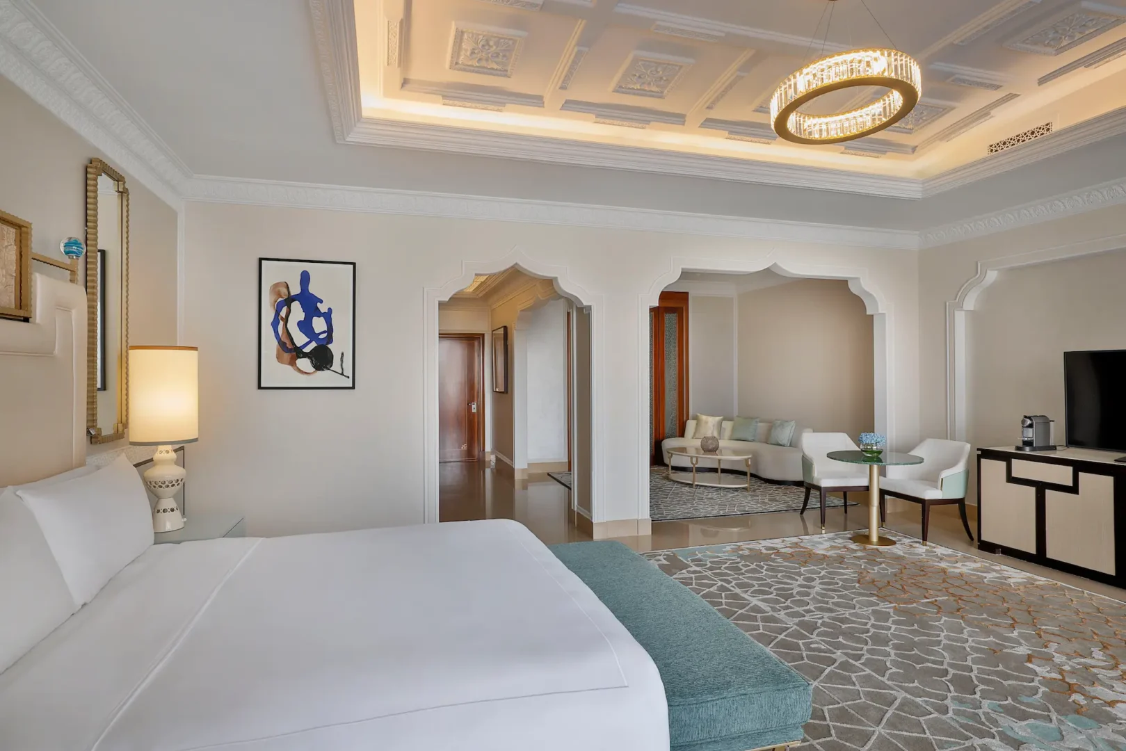 waldorf astoria ras al khaimah king deluxe room with balcony overview featuring spacious luxury interior