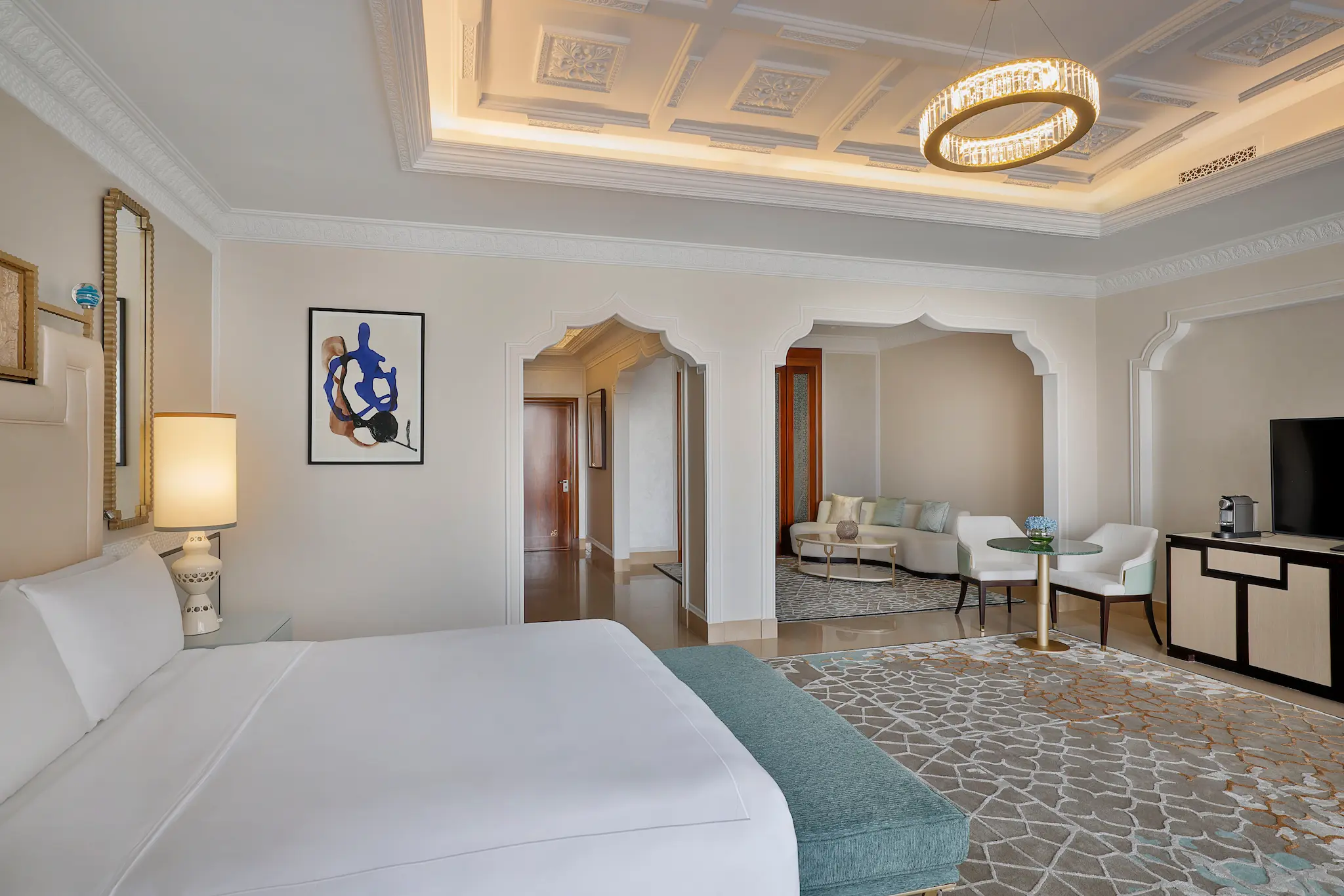 waldorf astoria ras al khaimah king deluxe room with balcony overview featuring spacious luxury interior