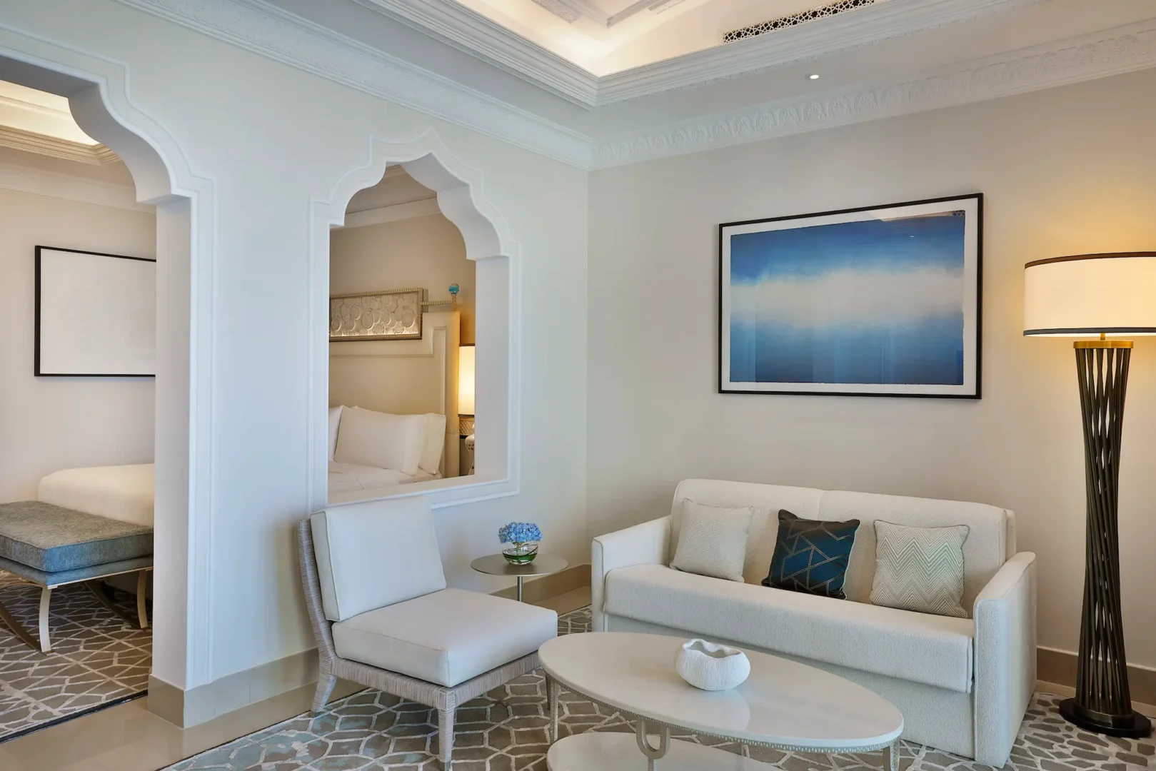 waldorf astoria ras al khaimah king ocean view junior suite living room with elegant lounge seating and ocean ambiance