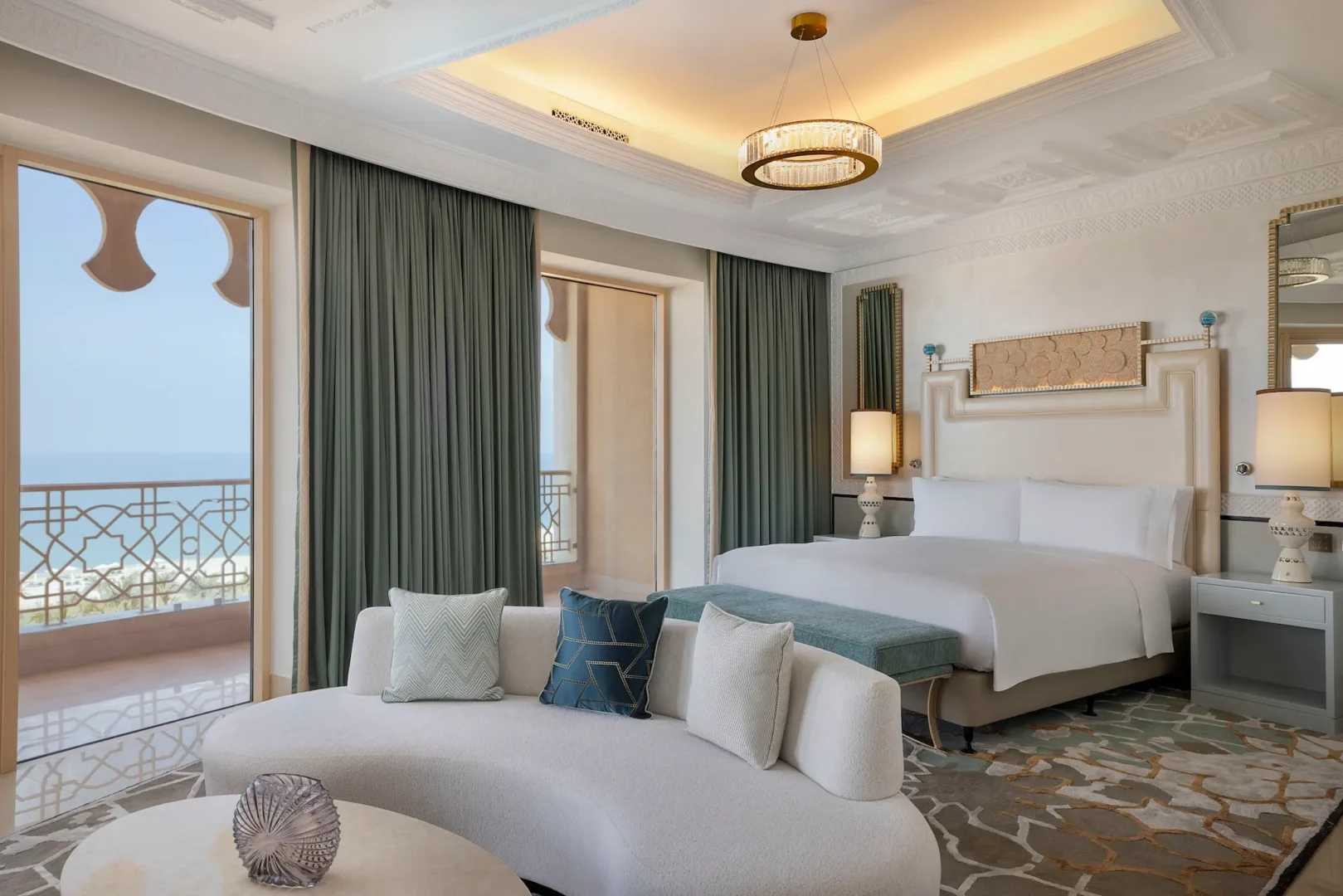 waldorf astoria ras al khaimah king premier ocean view room bed and balcony with scenic sea view