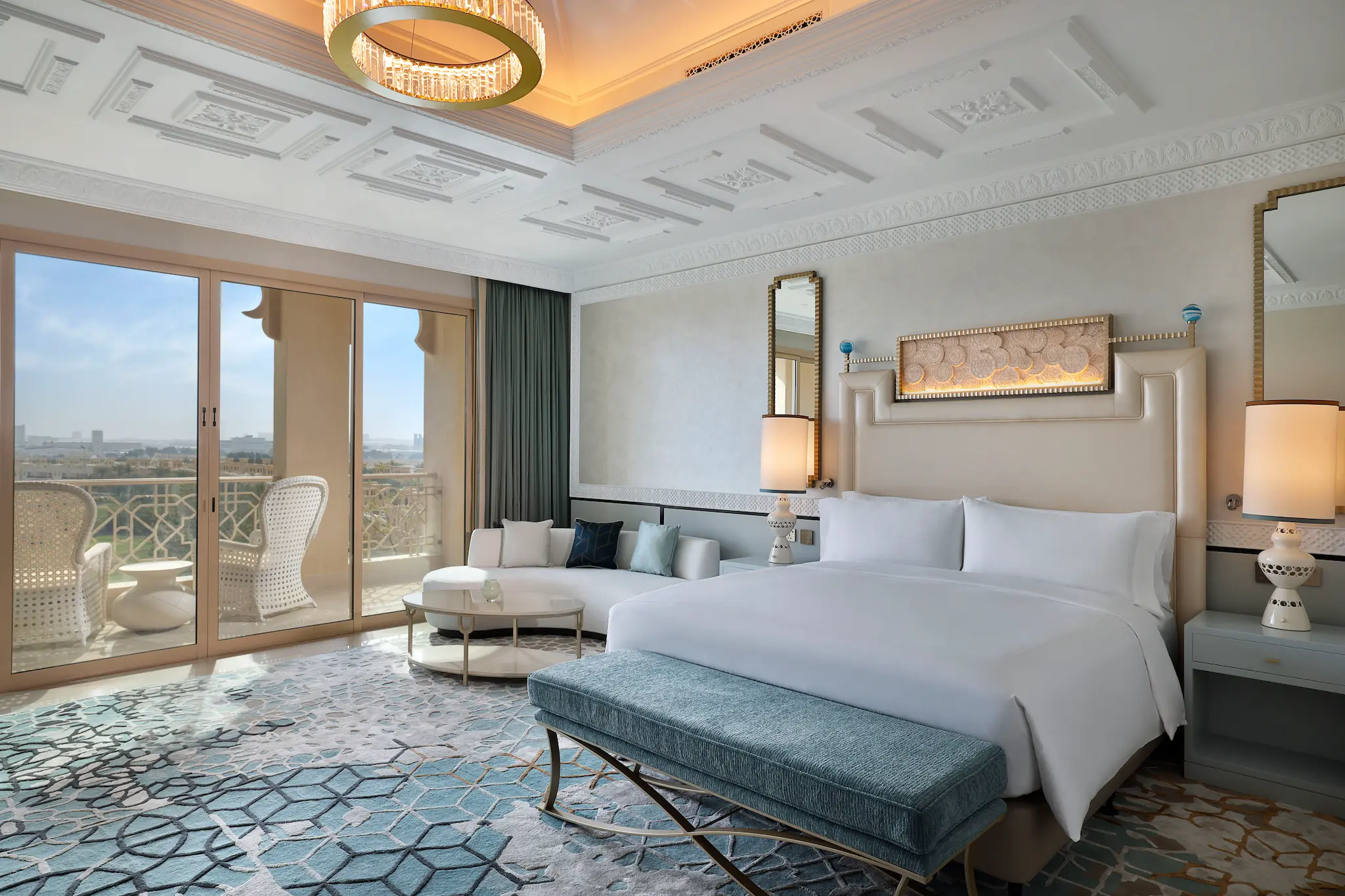 waldorf astoria ras al khaimah one bedroom golf course view suite bedroom with elegant luxury interior overlooking greens