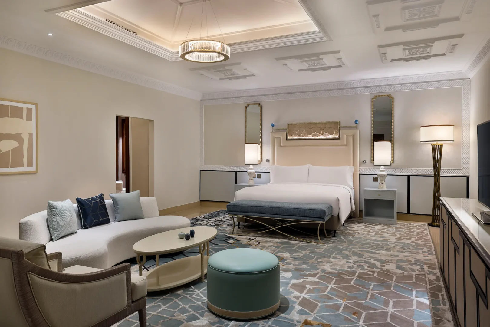 waldorf astoria ras al khaimah one bedroom ocean view suite bedroom with refined coastal interior and ocean outlook