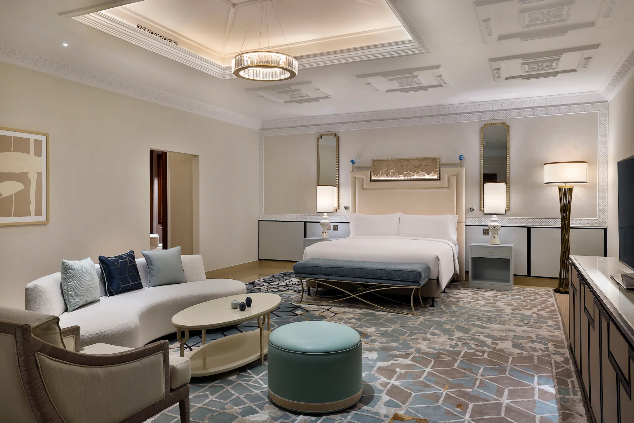waldorf astoria ras al khaimah one bedroom ocean view suite bedroom with refined coastal interior and ocean outlook