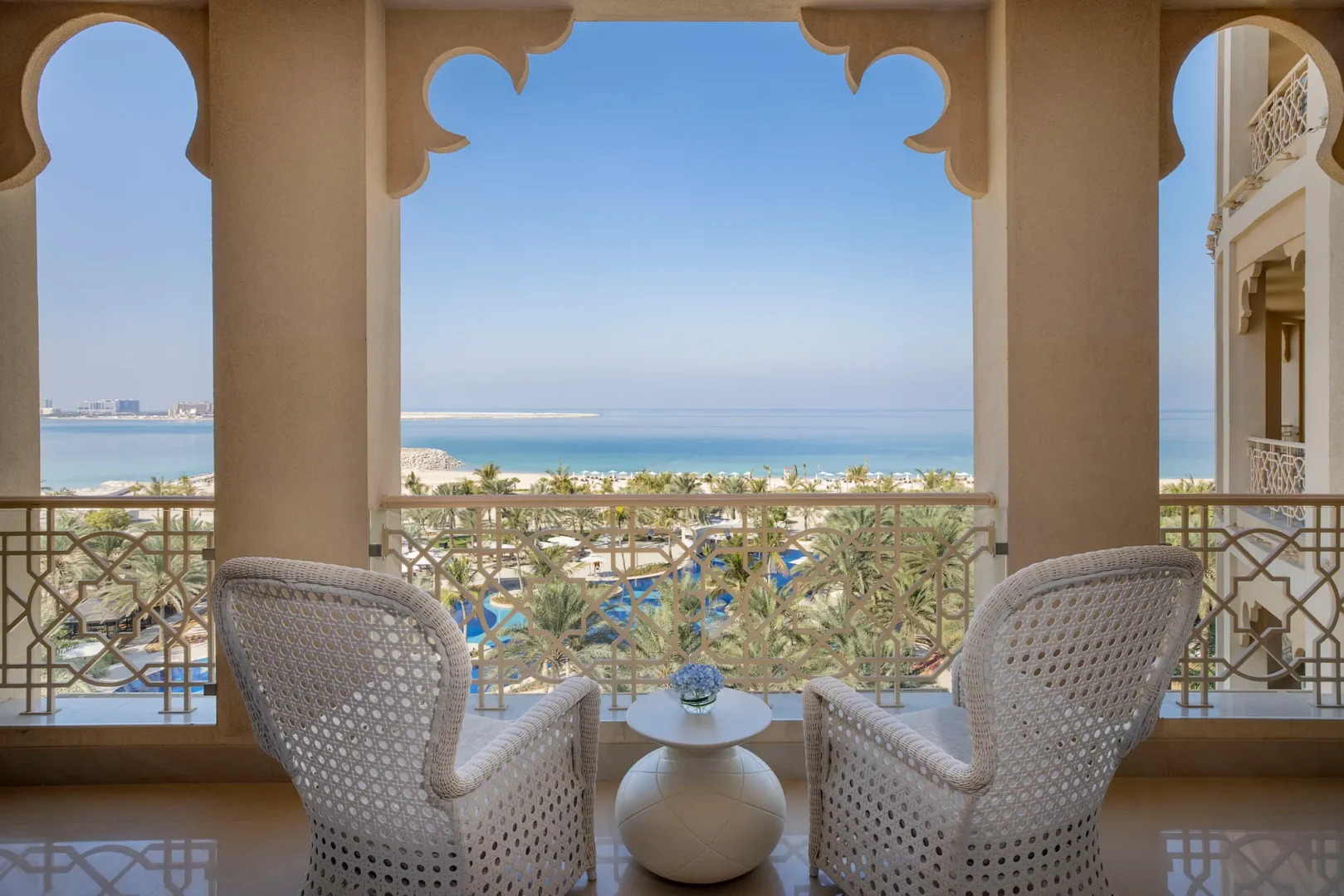 waldorf astoria ras al khaimah two queen beds premier ocean view room balcony with expansive sea view setting
