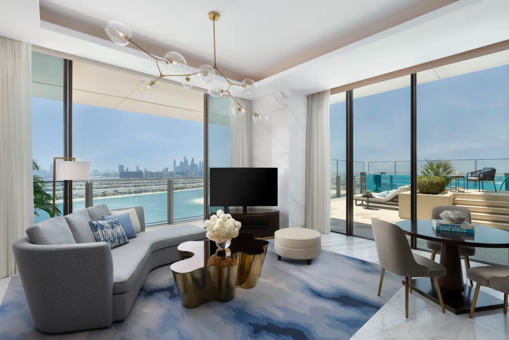 sky pool villa suite living area with palm view at atlantis the royal dubai