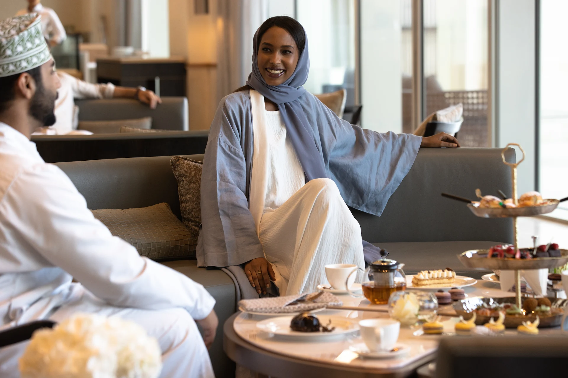 tarini lounge at jumeirah muscat bay oman featuring relaxed indoor outdoor seating with coastal views and luxury resort lounge atmosphere