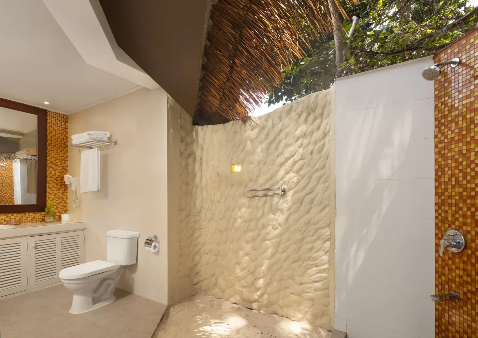 addaran select hudhuranfushi one bedroom family beach villa bathroom with outdoor shower and tropical surroundings maldives