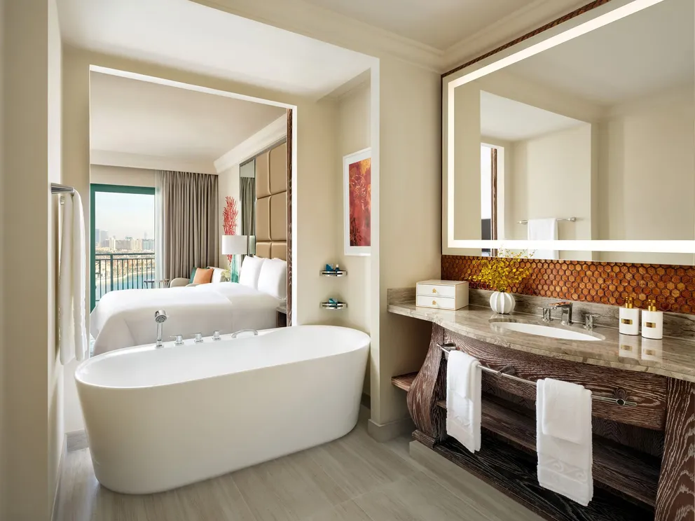 atlantis the palm imperial club room palm view king bathroom with marble finishes, spacious layout and refined luxury detailing in dubai