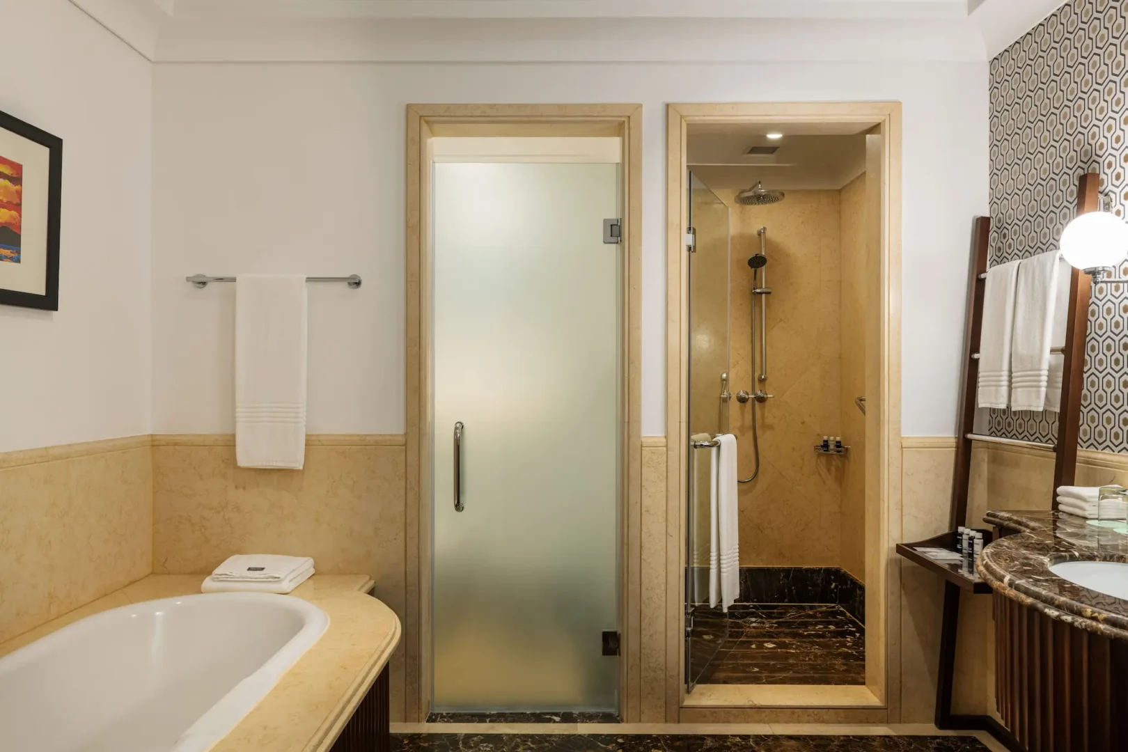 westin dubai mina seyahi beach resort marina deluxe skyline bathroom with modern marble design and city view