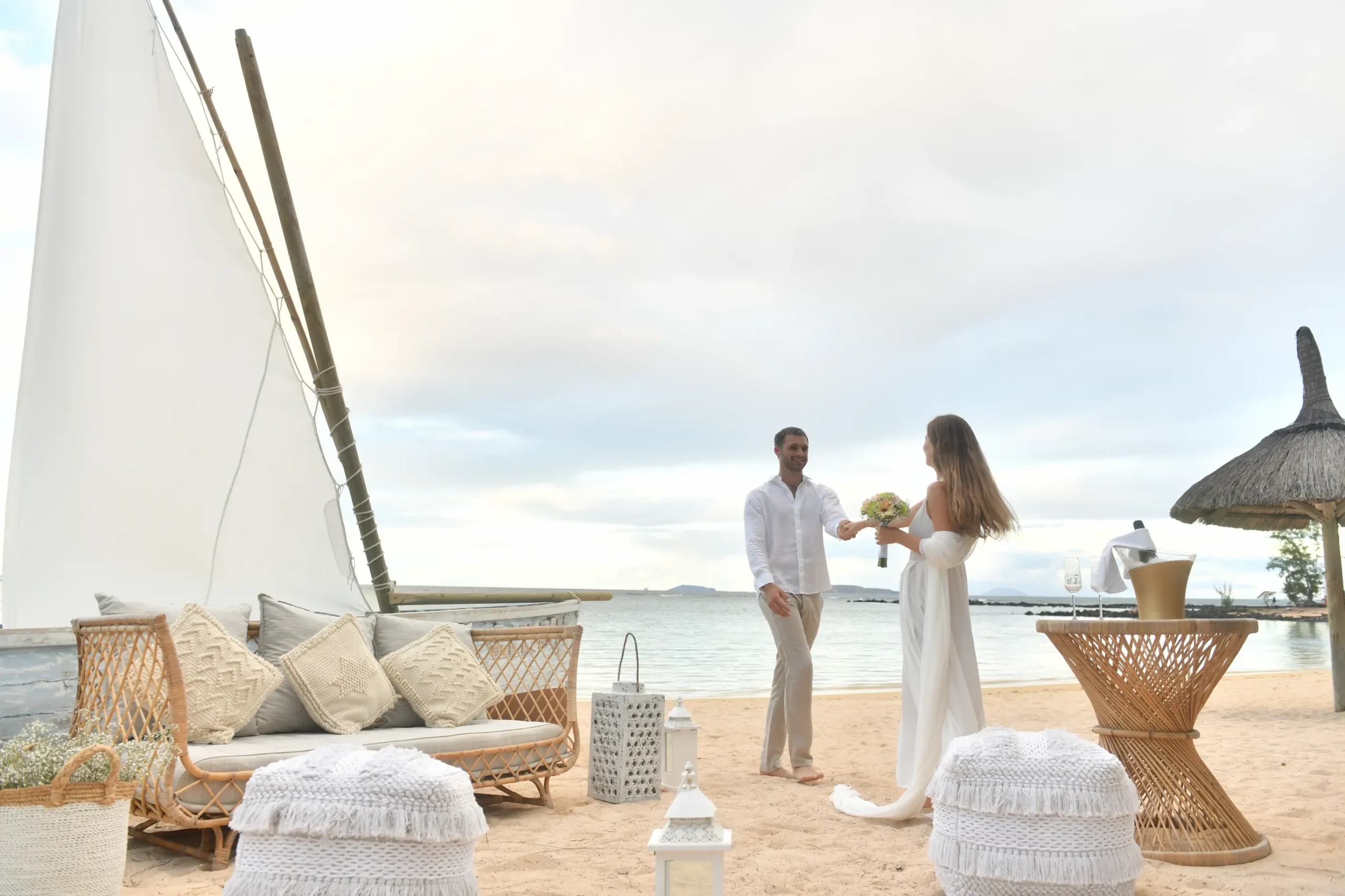 cannonier beachcomber golf resort spa mauritius beach wedding featuring an elegant seaside ceremony tropical floral decorations and a romantic luxury oceanfront celebration setting
