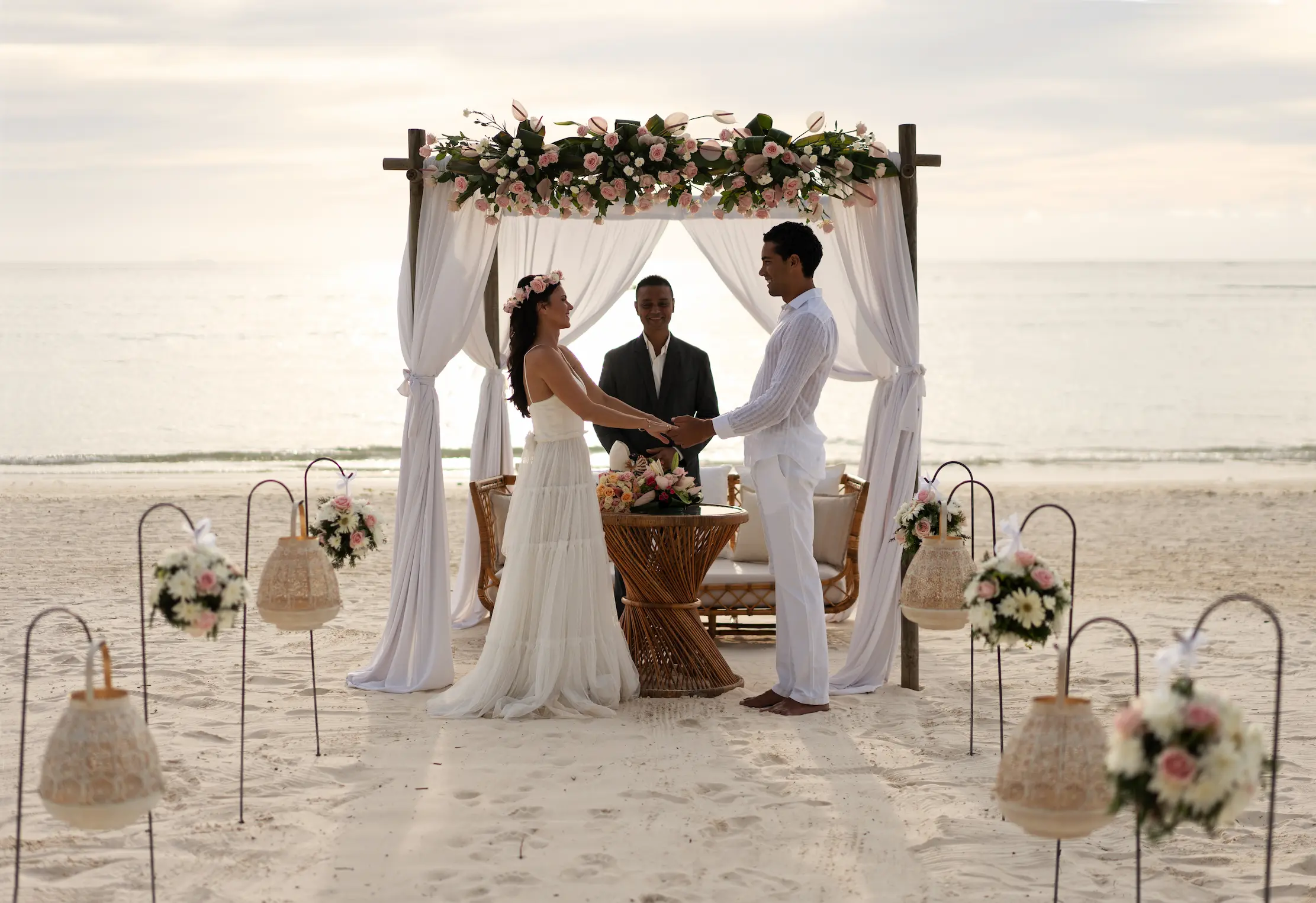 trou aux biches beachcomber golf resort spa mauritius luxury beach wedding with elegant seaside décor tropical floral arrangements and a romantic oceanfront celebration setting