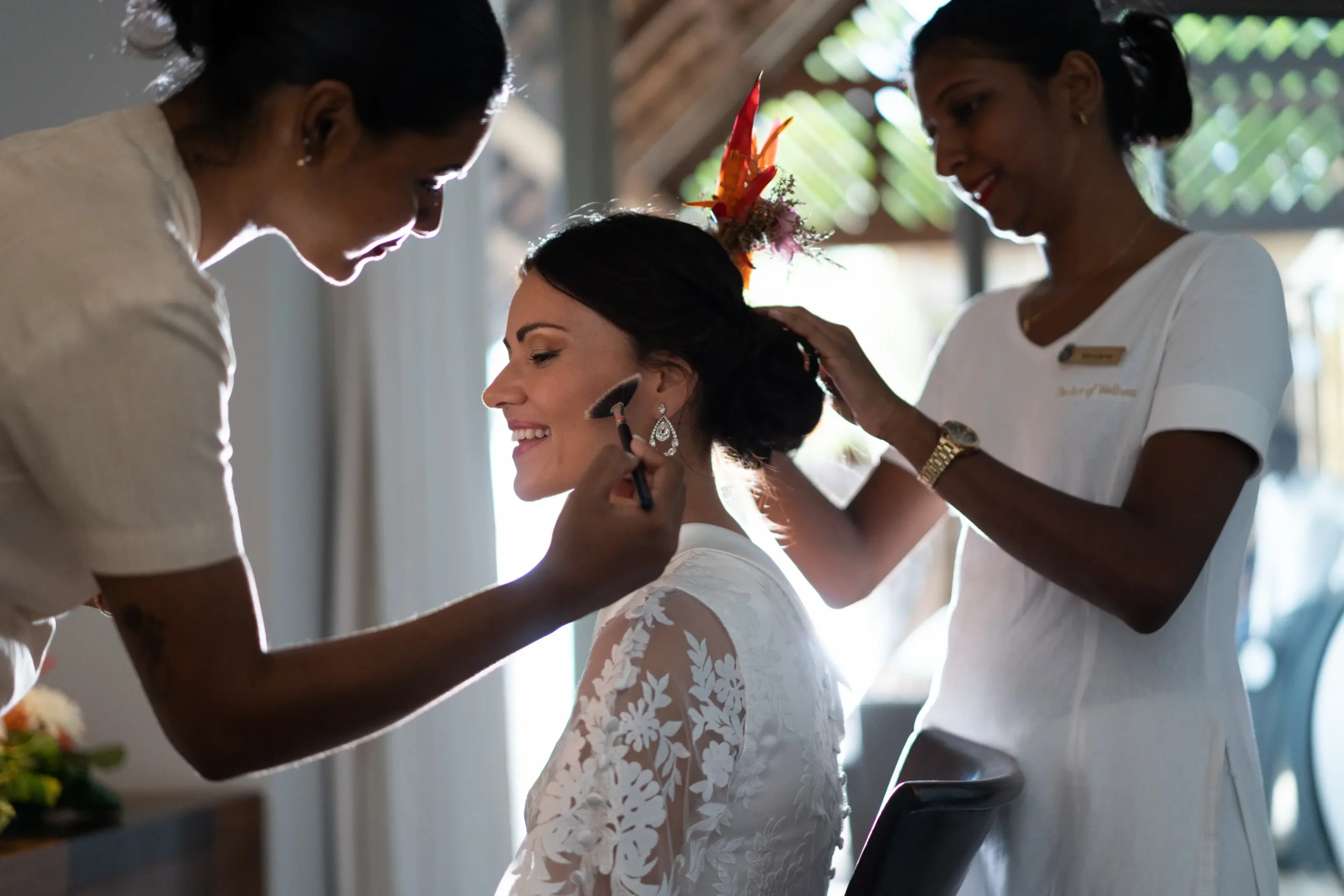 trou aux biches beachcomber golf resort spa mauritius wedding makeup preparation featuring elegant bridal beauty styling professional cosmetics application and a luxurious celebration atmosphere