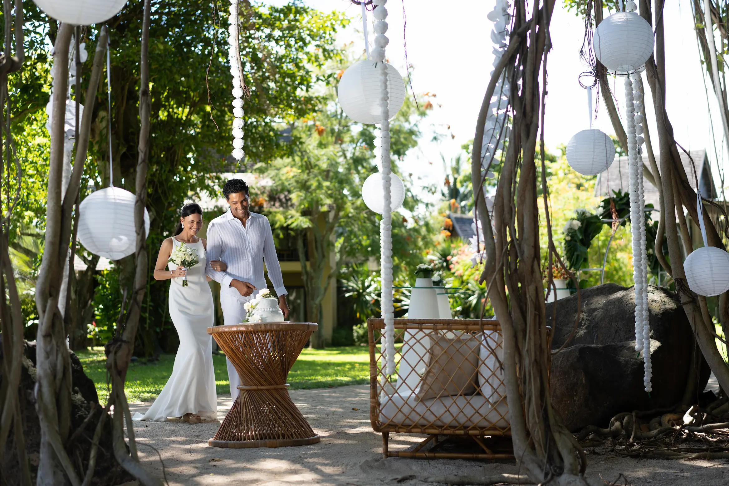 trou aux biches beachcomber golf resort spa elegant wedding ceremony setup within the resort grounds surrounded by tropical gardens and luxury décor