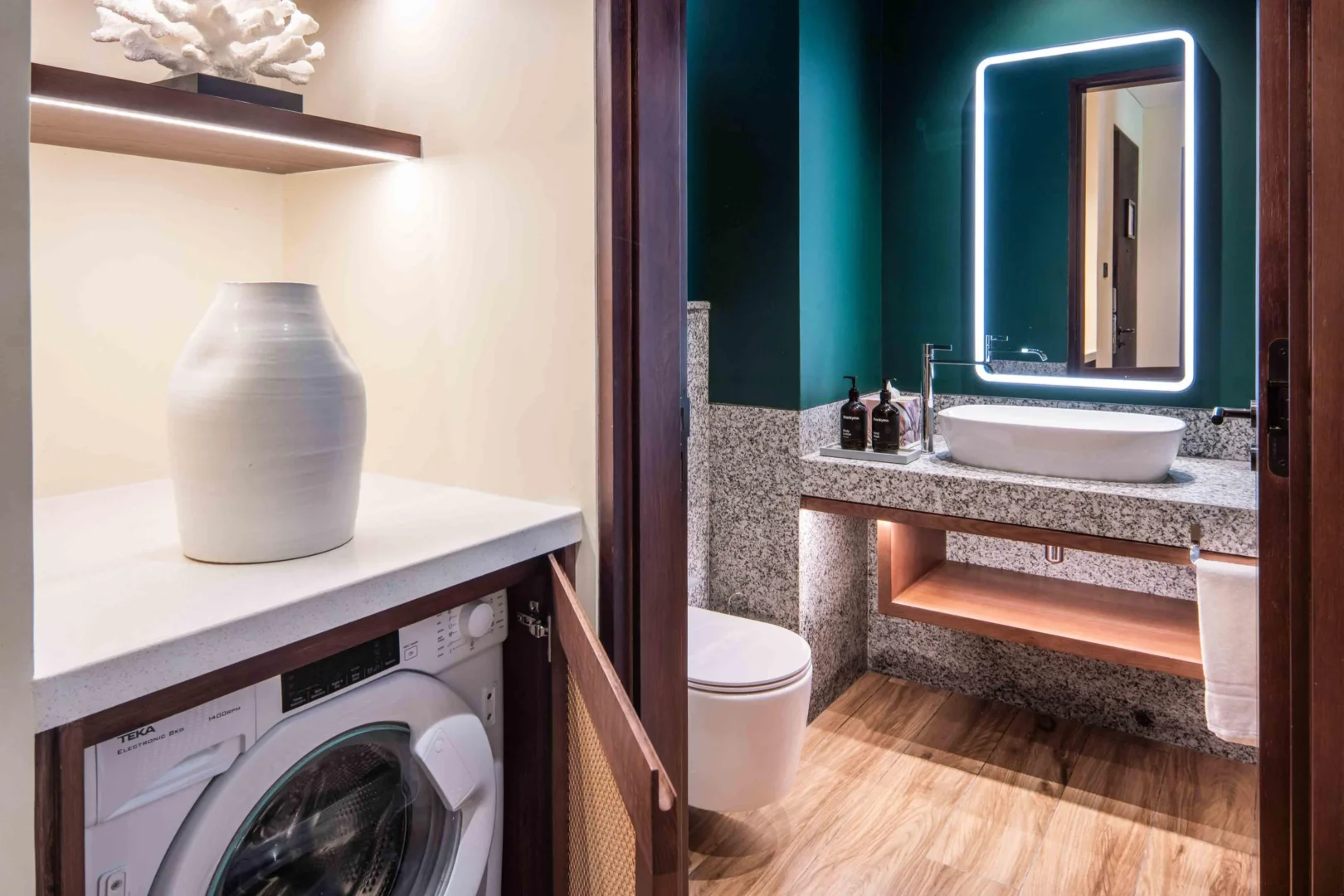 Bathroom in the King One Bedroom Apartment with Nature View at Canopy by Hilton Seychelles Resort in Mahé, Seychelles, featuring modern fixtures and contemporary island-inspired design.