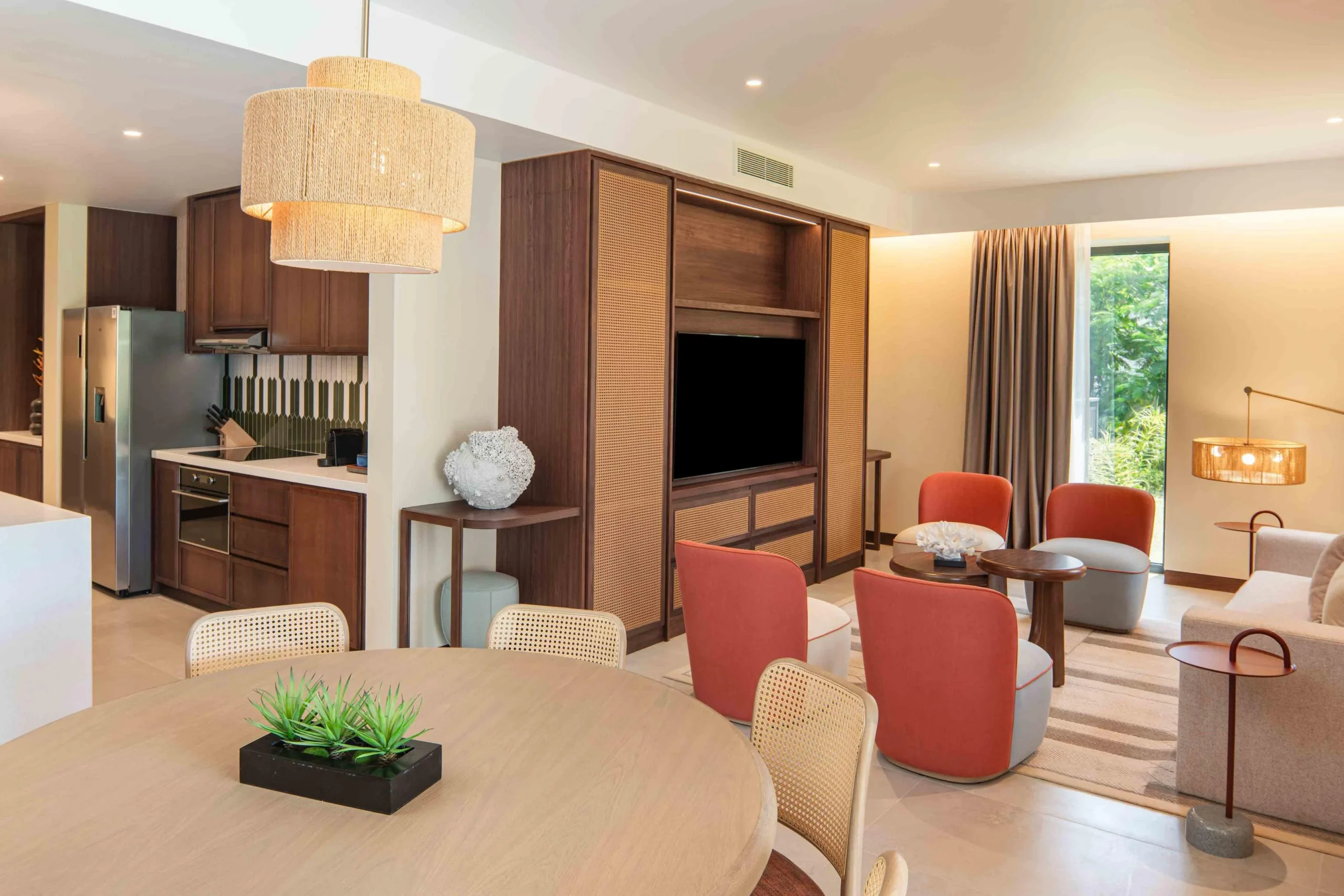 Interior of the Two Bedroom Apartment with Nature View at Canopy by Hilton Seychelles Resort in Mahé, Seychelles, featuring spacious living areas and contemporary island-inspired design.
