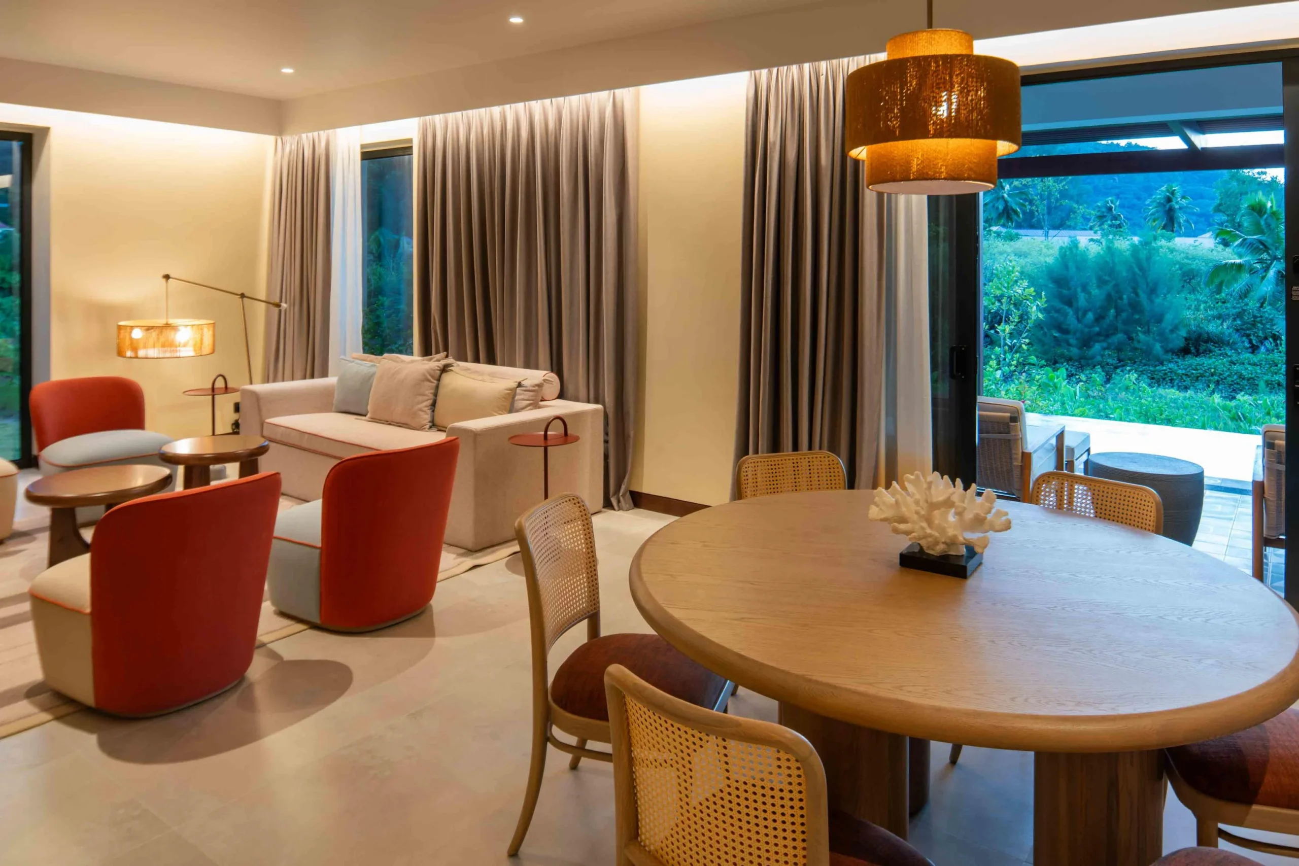 Interior of the Two Bedroom Apartment with Private Pool at Canopy by Hilton Seychelles Resort in Mahé, Seychelles, featuring spacious living areas, contemporary island-inspired décor and direct access to a private pool.
