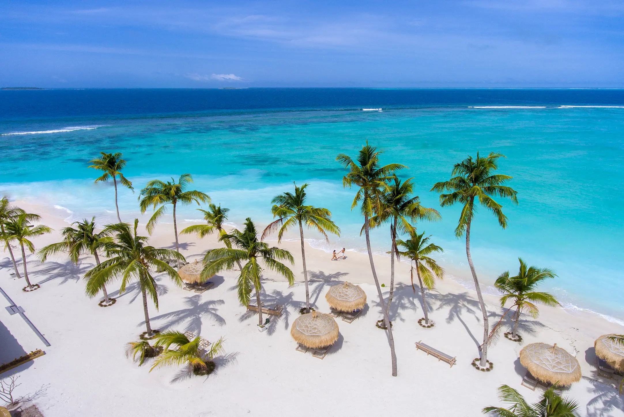 beach at emerald maldives resort & spa in the maldives featuring white sand shoreline, palm-fringed surroundings and views across the lagoon