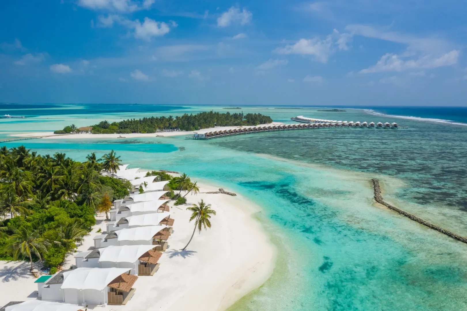 Aerial view of Platinum Beach Bungalows at Cinnamon Hakuraa Huraa Maldives, Maldives.