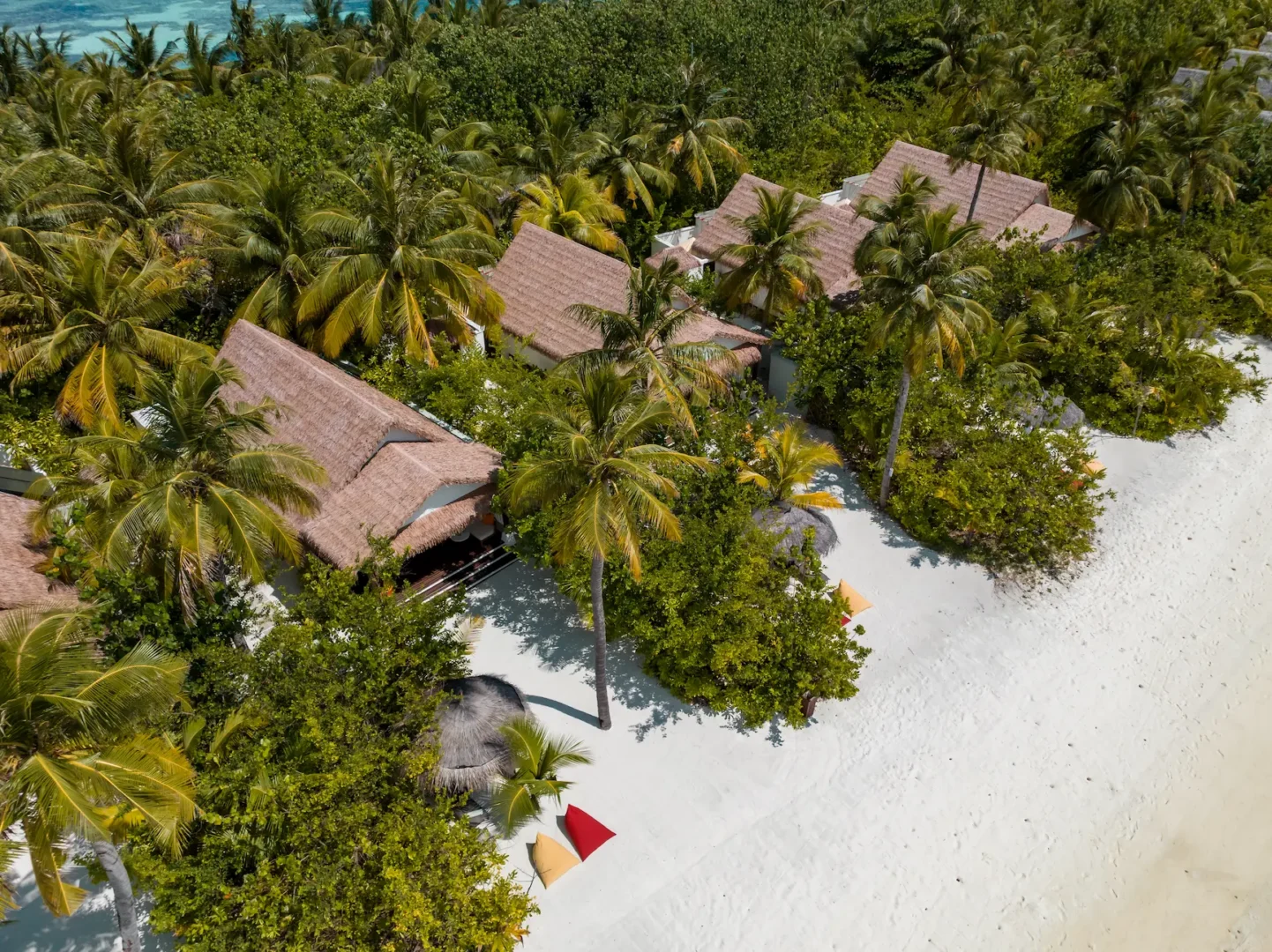 Aerial view of the Earth Villas at OZEN LIFE MAADHOO, showcasing their beachfront setting, tropical landscaping and position along the island shoreline.