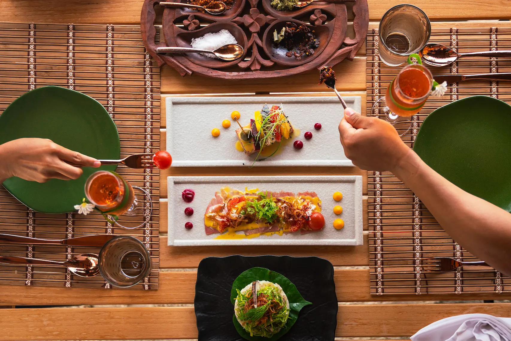 Traditional Maldivian-inspired dish served at LONU restaurant at OZEN LIFE MAADHOO, presented as a contemporary small plate showcasing local flavours