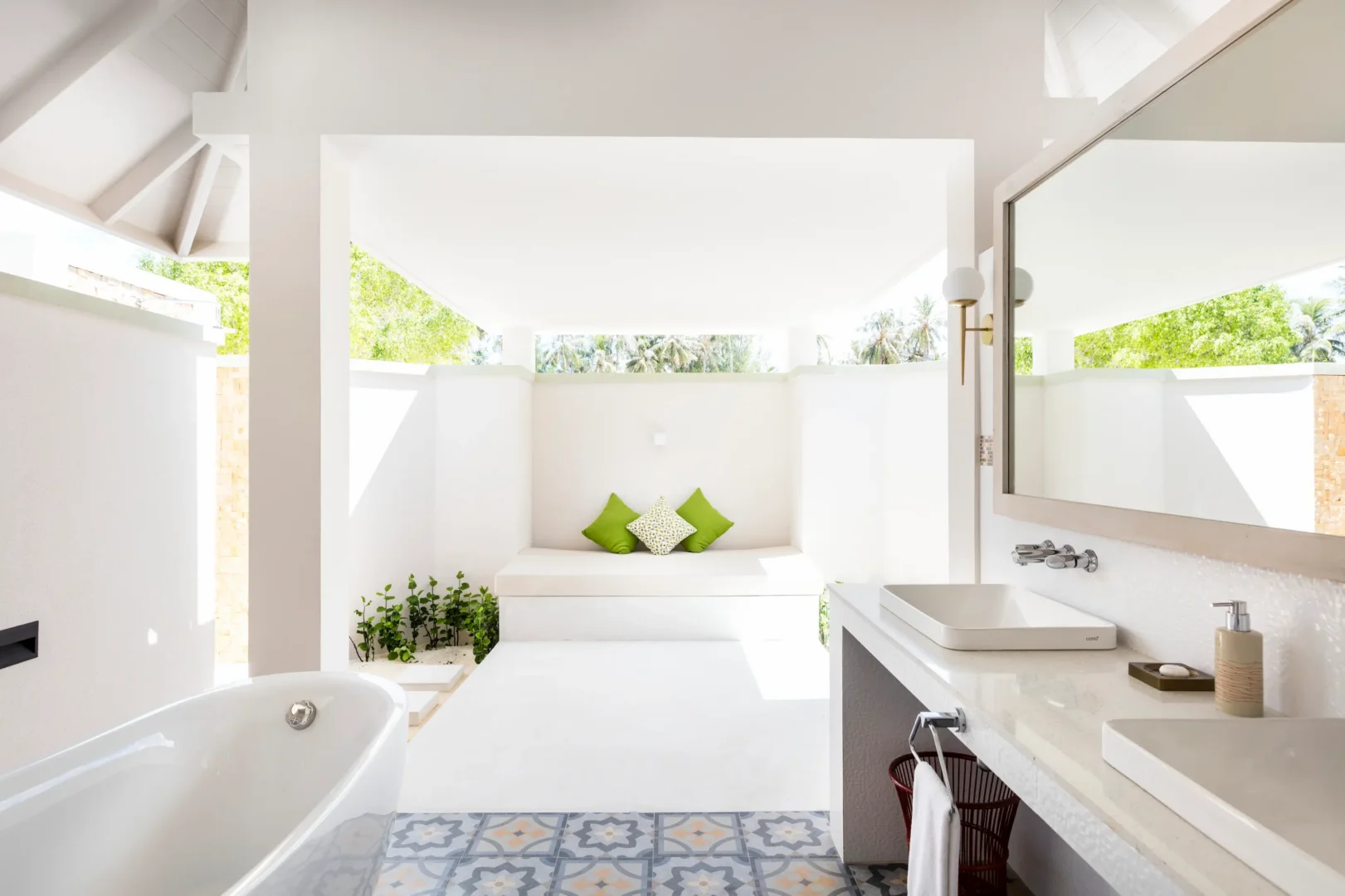 walk in shower in a grand beach villa with pool at sun siyam olhuveli maldives featuring contemporary bathroom facilities