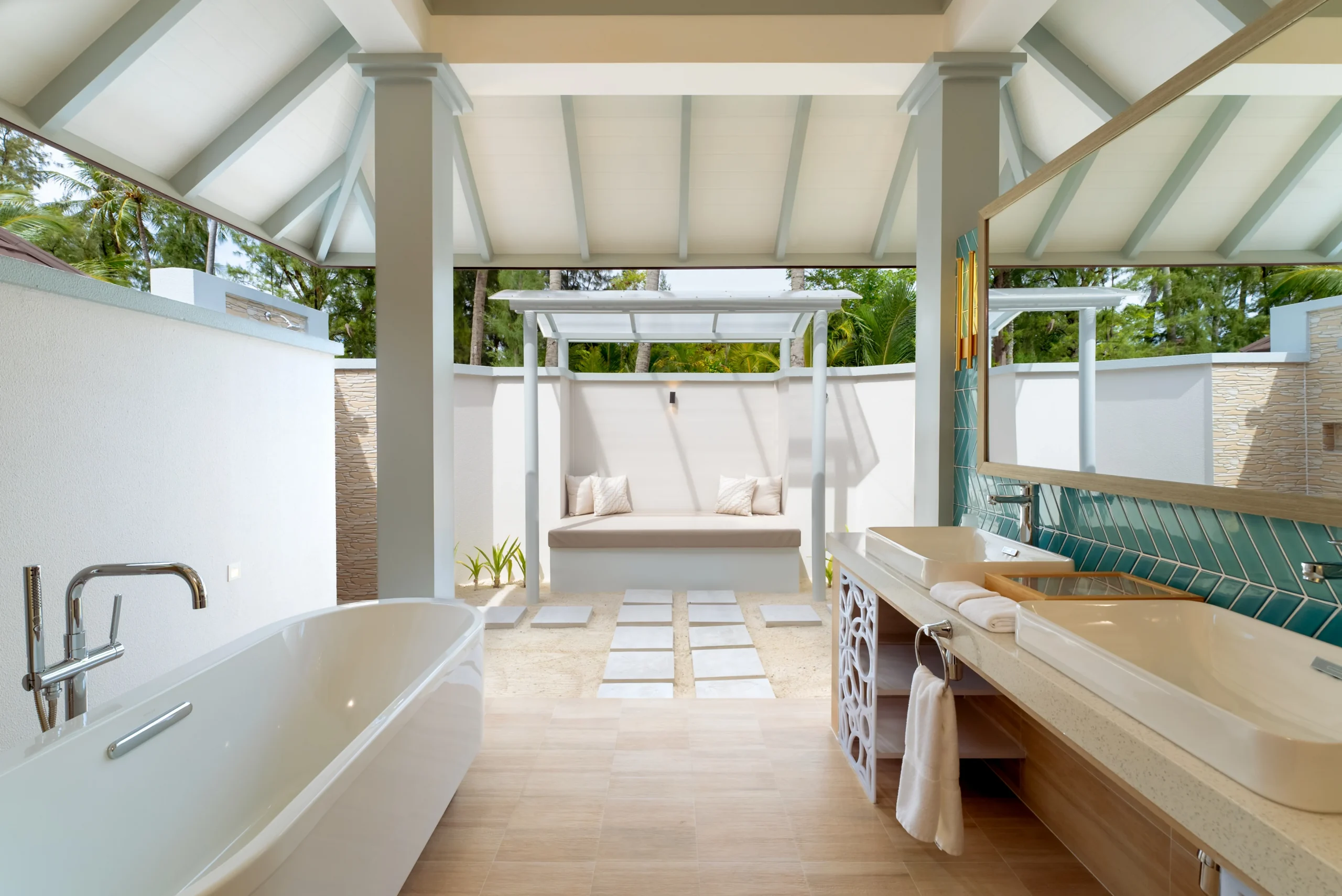 walk in shower in a grand beach suite with pool at sun siyam olhuveli maldives featuring contemporary bathroom facilities