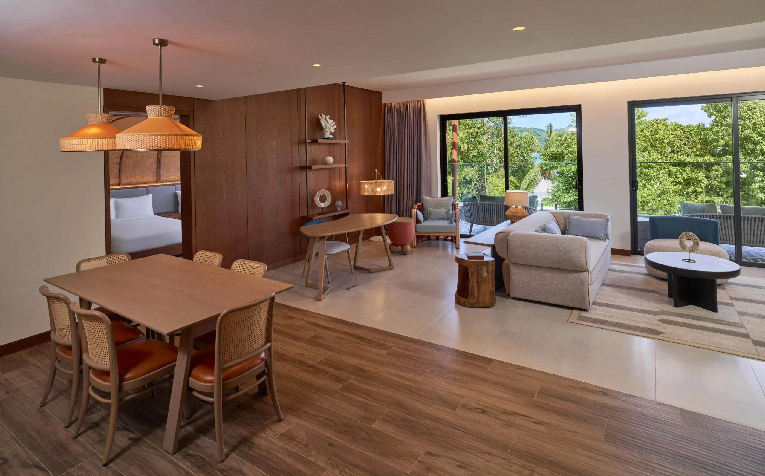 Interior of the Two Bedroom Suite at Canopy by Hilton Seychelles Resort in Mahé, Seychelles, featuring spacious living areas and contemporary island-inspired design.