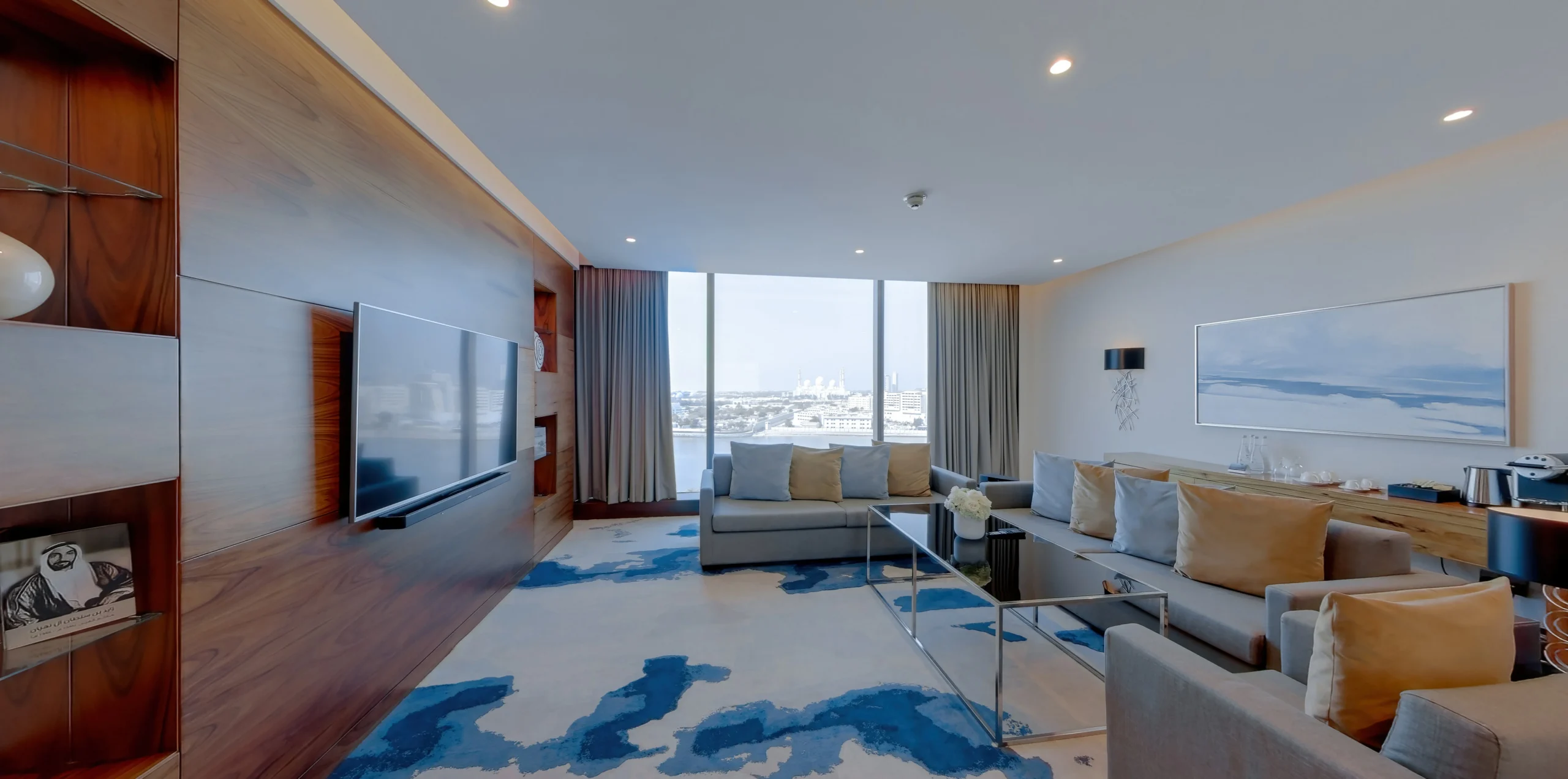 Panoramic view from a One Bedroom Suite at Fairmont Bab Al Bahr Abu Dhabi overlooking Abu Dhabi Creek and the Sheikh Zayed Grand Mosque