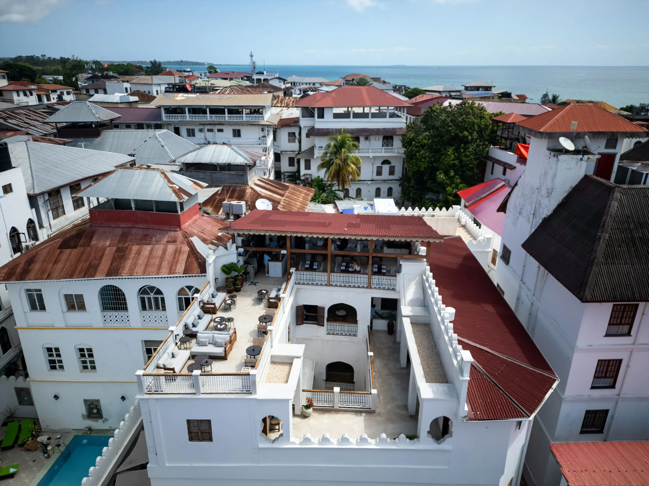 Aerial view of The Neela Boutique Hotel Stone Town showcasing its historic setting within the heart of Zanzibar's