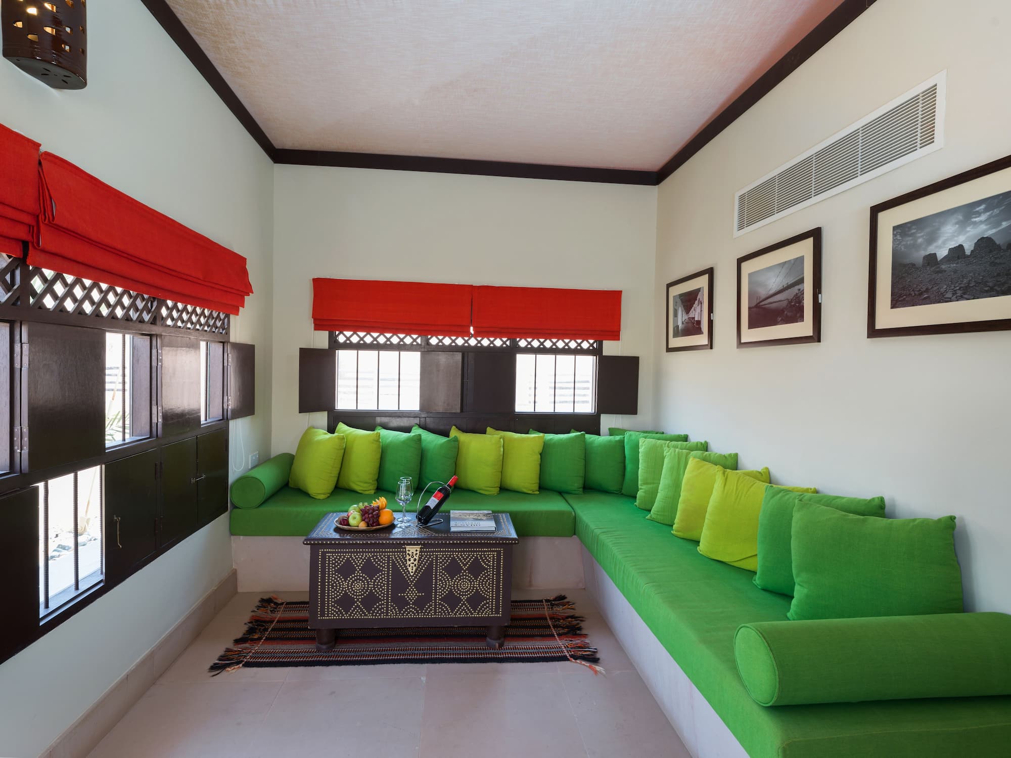 Spacious seating area inside a Two Bedroom Villa at Desert Nights Resort Oman designed for families and groups staying in the Wahiba Sands desert